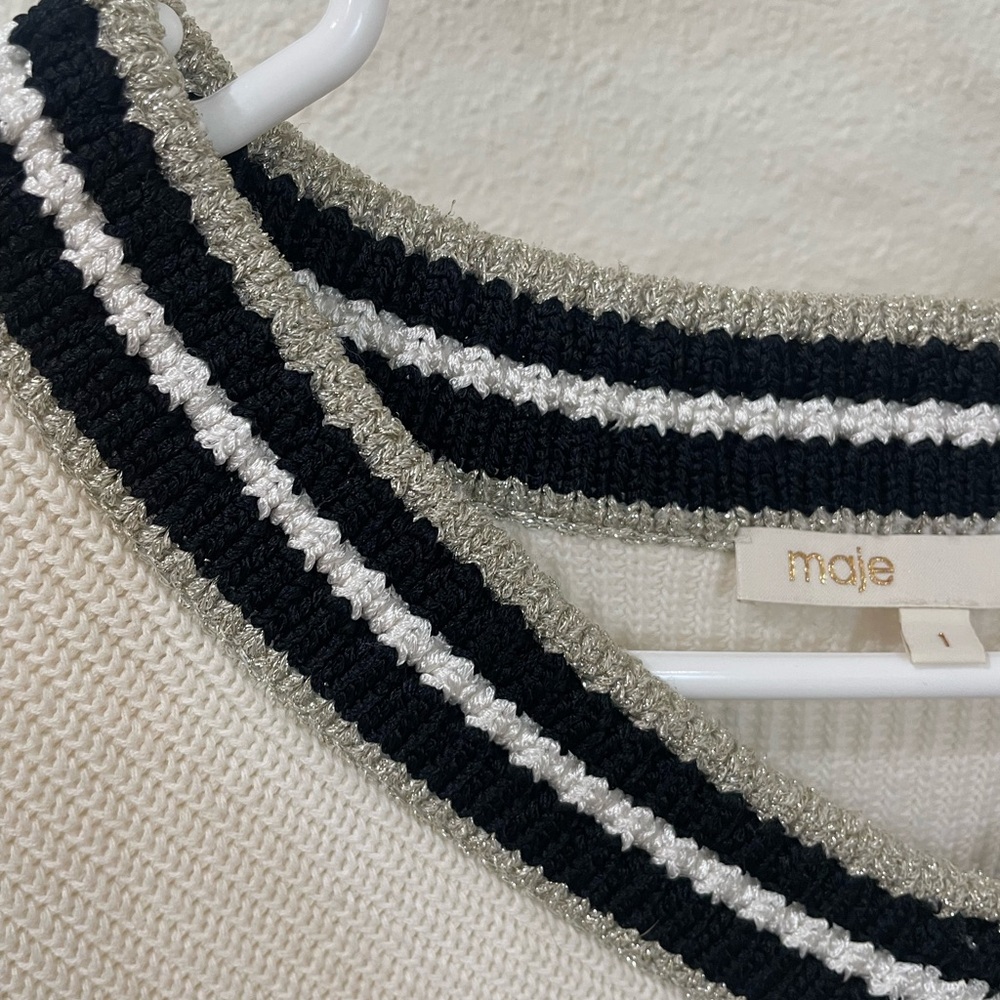 Maje White V-Neck Sweater with Black Sparkly Trim - Picture 4 of 9